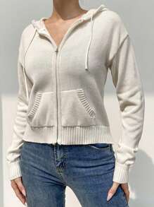 Womens Full Zip Knit Hoodies, Casual Solid Color Long Sleeve Drawstring Sweatshirts - Blanco - Ver 2
