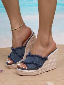 Giày sandal đế xuồng Grass Braid, giày quai đế dày, phù hợp cho thanh thiếu niên, tiệc tùng, đám cưới, mặc hàng ngày và đi nghỉ - Màu xanh lam - Xem 5