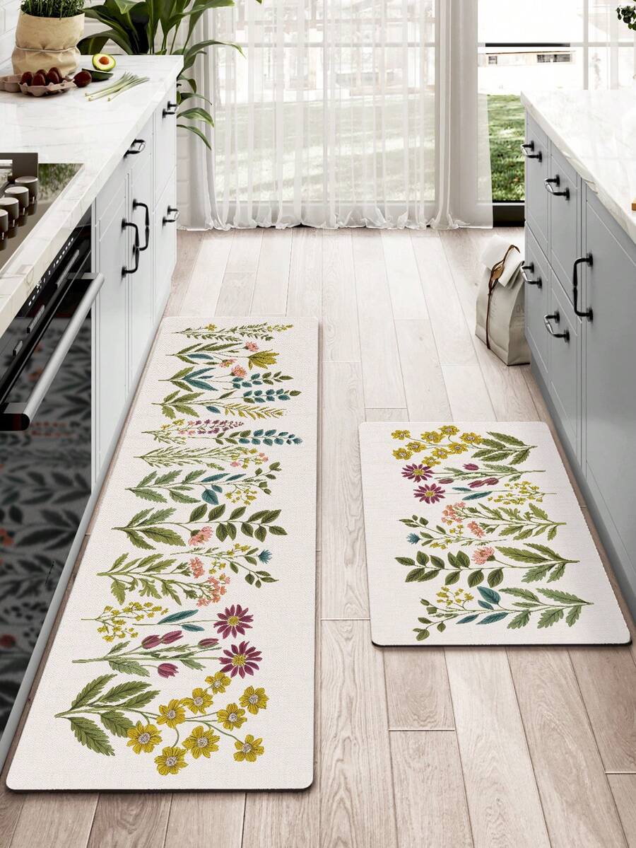 1pc PU Floral Pattern Anti-Fatigue Kitchen Mat, Washable Kitchen Rug, Kitchen Hallway Carpet, Absorbent Non-Slip Kitchen Floor Mat, Comfortable Standing Pad, Suitable For Kitchen, Living Room, Pantry, In Front Of Sink - Home Decor, Home Decor Floor Mat, Rug