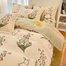 1 pieza Juego de funda nórdica con estampado floral de campanilla azul, cálido y adecuado para cama individual/doble, juego de ropa de cama lavable a máquina para otoño/invierno - Conejito y flor de campana de orquídea - Ver 9