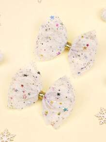 女孩圣诞闪光网状蝴蝶结发夹，适合日常装扮、节日派对、礼物搭配 - 燙金星星大蝴蝶結兒童髮夾 - 查看 1