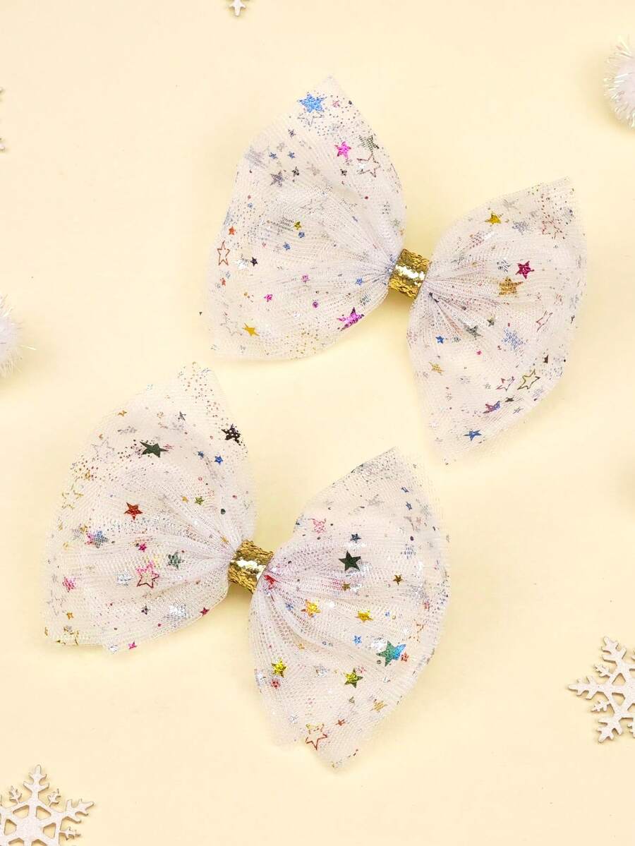 女孩圣诞闪光网状蝴蝶结发夹，适合日常装扮、节日派对、礼物搭配 - 燙金星星大蝴蝶結兒童髮夾 - 查看 1