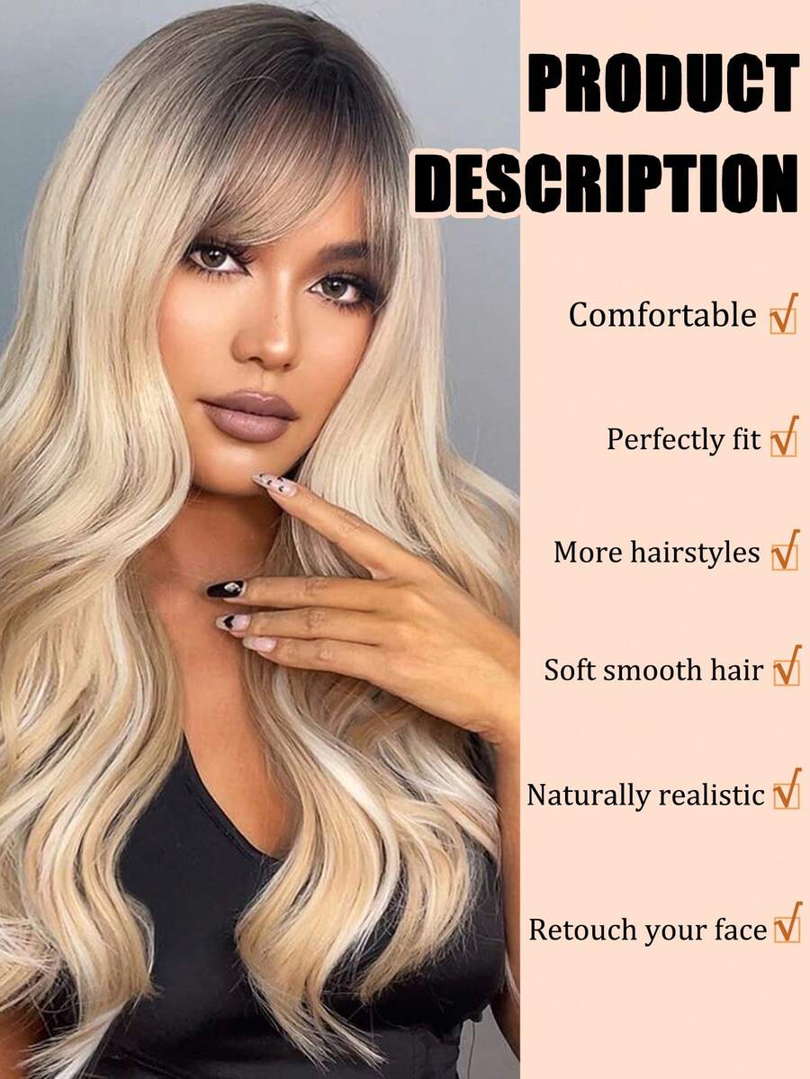 Women Wigs 24 Inch Light Blonde Wigs With Bangs Natural Elegant