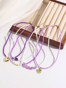 1 件时尚可爱的多颗紫白色种子珠串珠项链，适合女性搭配日常服装派对 - Purple Seed Beads - 查看 2