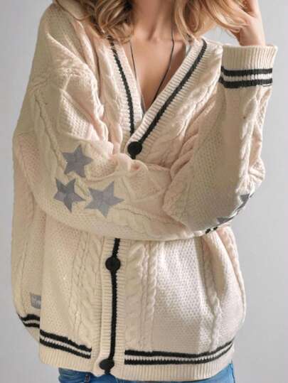 Cárdigan Casual para Mujer Chaqueta Suéter Cárdigan De Punto Estampado Bordado Otoño E Invierno Suéter Cálido Manga Larga Cuello En V Versión Suelta Suéter Blanco