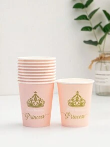 10pcs Pink Princess Crown Theme Disposable Paper Cups For Party
