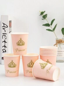 10pcs Pink Princess Crown Theme Disposable Paper Cups For Party