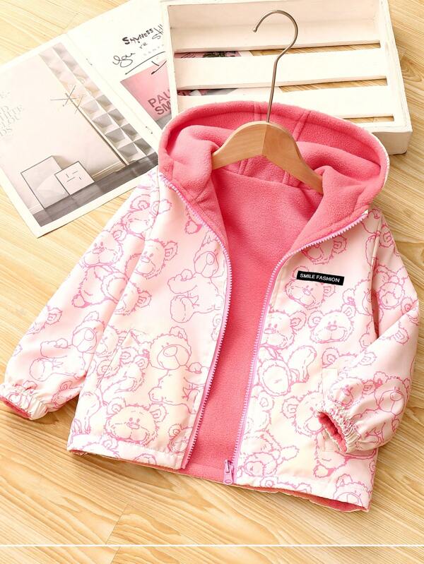 Tween Girls' Reversible Fashion Cartoon Bear Print Hooded Windbreaker