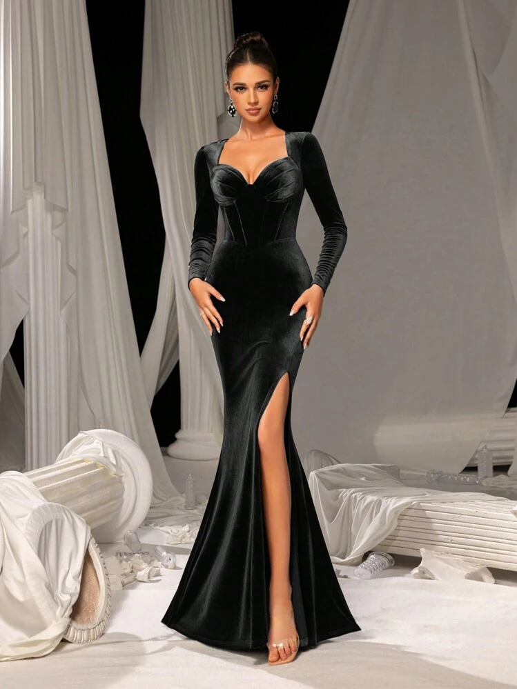 Faeriesty Sweetheart Neck Split Mermaid Hem Velvet Formal Dress, Elegant  Long Sleeve Prom Evening Gown, For Wedding Guest, Graduation, Dinner Party  Dress | SHEIN USA
