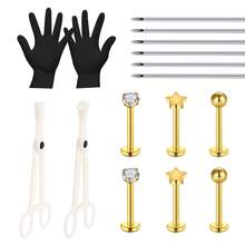 唇穿刺套件 6 件 16G 不锈钢唇穿刺珠宝穿刺针和穿刺夹 CZ 蛋白石唇环杠铃身体穿刺珠宝工具银色 16 件 - 彩色 - 查看 6