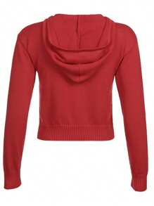 Womens Full Zip Knit Hoodies, Casual Solid Color Long Sleeve Drawstring Sweatshirts