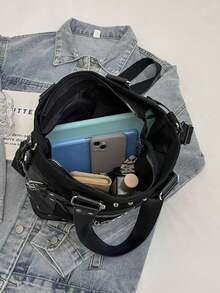 Túi Tote Cổ Điển Màu Trơn Sức Chứa Lớn, Túi Đeo Vai Hot Girls Cool Punk Y2K, Túi Đeo Chéo & Túi Xách Tay Đính Đinh Tán Cho Nữ, Túi Đeo Chéo Du Lịch Ngoài Trời Nhiều Ngăn Đa Năng Màu Trơn, Túi Đeo Chéo Messenger Đi Làm Hàng Ngày Thường Ngày - màu đen - Xem 7