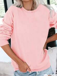 女士休闲圆领长袖上衣可爱套头衫宽松套头运动衫 - 粉色 - 查看 1