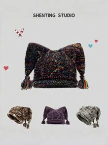 1 件女士独特设计师小丑针织帽，温暖可爱的兔耳帽，时尚百搭大头围时尚帽，秋冬情人节 - 針織帽 - 查看 11