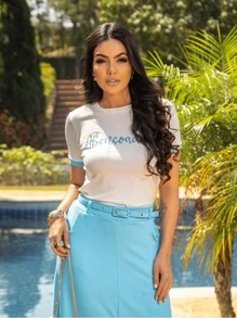 Women's Set: Blouse And Midi Skirt With Belt - 藍色 - 查看 2