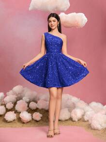 少女优雅单肩亮片 A 字形毕业礼服 - 适合生日、选美、毕业晚会和颁奖典礼的闪亮派对礼服