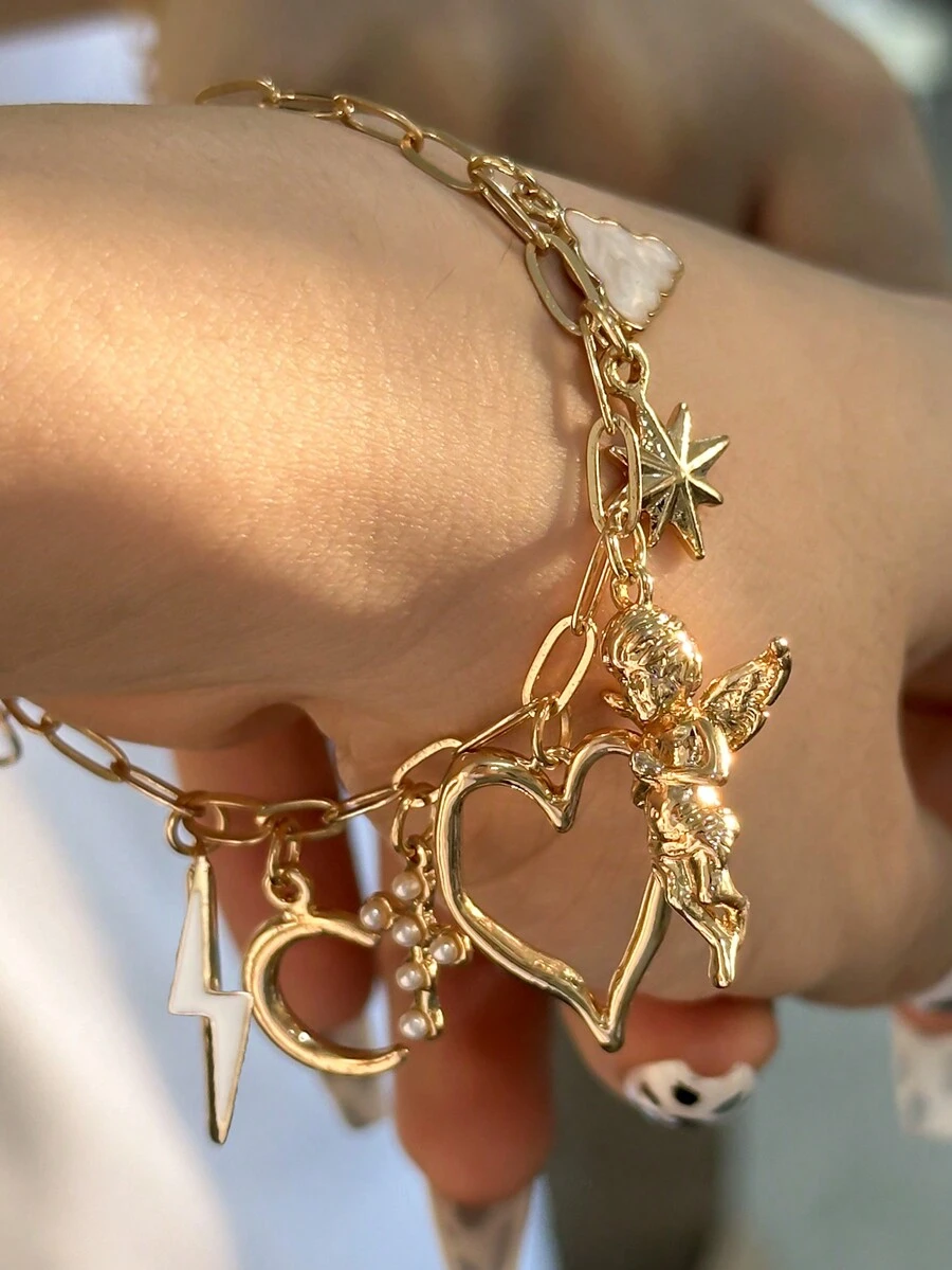 1 件时尚心形、天使、和人造珍珠多元素女式手链 - 金色 - 查看 1