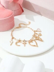 1 件时尚心形、天使、和人造珍珠多元素女式手链 - 金色 - 查看 3