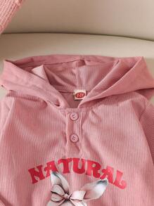 2 件套年轻女孩休闲卡通字母印花连帽衫上衣和配套喇叭裤套装