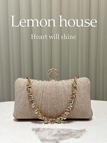 1pc Champagne Glittery Pleated Elegant Small Clutch Bag, Rhinestone Chain Strap Fashion Handbag, Suitable For Formal Gown, Evening Party, Wedding, Cocktail, Ideal Gift For Women, Tready Party Bags,Perfect For Party, Wedding, Prom, Dinner/Banquet, Perfectly Matching With Prom Dresses For Women, Prom Accessories,Sequin Dress Women,Sparkly Dress,Elegant Dresses For Women, Elegant Prom Bag, Perfectly Matching With Bridal Party