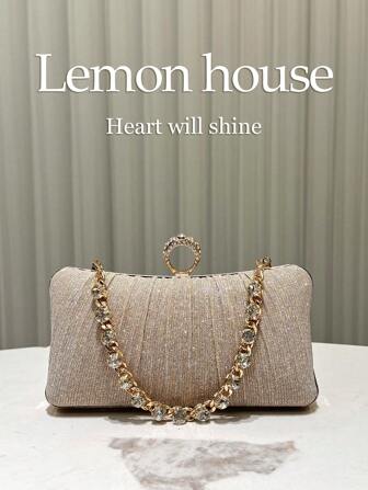 1pc Champagne Glittery Pleated Elegant Small Clutch Bag, Rhinestone Chain Strap Fashion Handbag, Suitable For Formal Gown, Evening Party, Wedding, Cocktail, Ideal Gift For Women, Tready Party Bags,Perfect For Party, Wedding, Prom, Dinner/Banquet, Perfectly Matching With Prom Dresses For Women, Prom Accessories,Sequin Dress Women,Sparkly Dress,Elegant Dresses For Women, Elegant Prom Bag, Perfectly Matching With Bridal Party