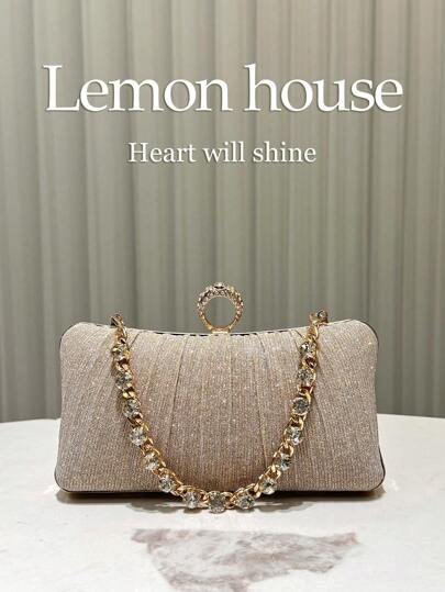 1 件香槟色闪亮褶皱优雅小手拿包，水钻链带时尚手提包，适合正式礼服、晚会、婚礼、鸡尾酒会，是送给女性的理想礼物，时尚派对包，非常适合派对、婚礼、舞会、晚宴/宴会