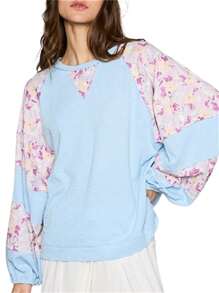 Women's Fall Loose Pullover Plaid Print Patchwork Bat Long Sleeve Crew Neck Waffle Sweatshirt - Màu xanh lam - Xem 1