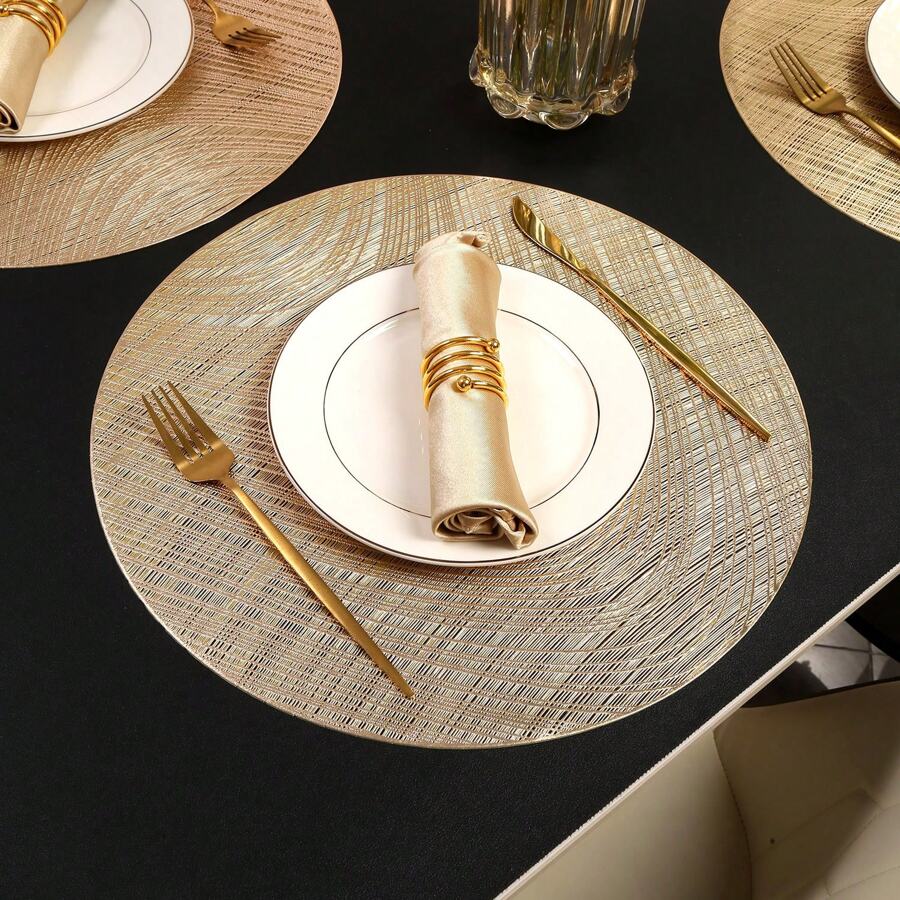 1pc/4pcs/6pcs Gilded Decorative Placemat, PVC Foil Anti-Slip Heat Insulation Hotel Restaurant Western Dining Mat, Round Washable Table Mat