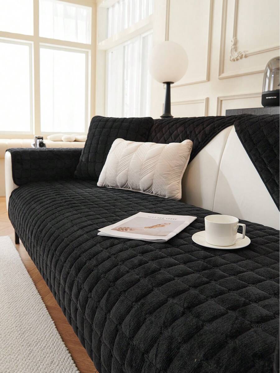 1pc Flannel Sofa Cover, Warm, Non-Slip, Soft & Thick Sofa Pad, Winter - Black - View 1