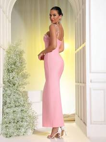 New Heavy Chain Crystal Diamond Bandage Bodycon Maxi Dress, Sexy Party Gown - Pink - View 6
