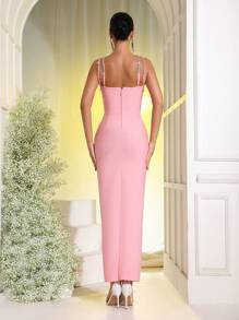 New Heavy Chain Crystal Diamond Bandage Bodycon Maxi Dress, Sexy Party Gown - Pink - View 7