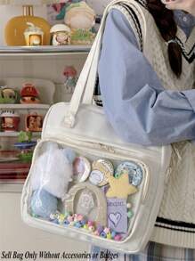 Y2K 新款 2024 Itabag 女士带 PVC 透明口袋徽章展示板单肩包女孩学校书包 Ita 包斜挎包 JK 娃娃包 - 白色 - 查看 3