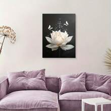 Wooden Framed Canvas Painting, White Floral Wall Art For Bathroom Flower And Butterfly On Black Canvas Wall Art Modern Framed Wall Art Yoga Spa Spiritual Wall Art Painting