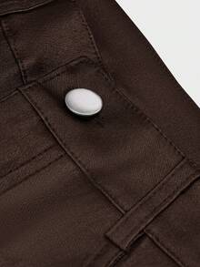 小巧高腰直筒 PU 皮裤，宽松垂坠效果修身休闲女裤，Y2K，适合派对、通勤、假日、节日、户外活动、春夏季、高个子女士、外出装、黑色、裤子 - 巧克力棕 - 查看 7