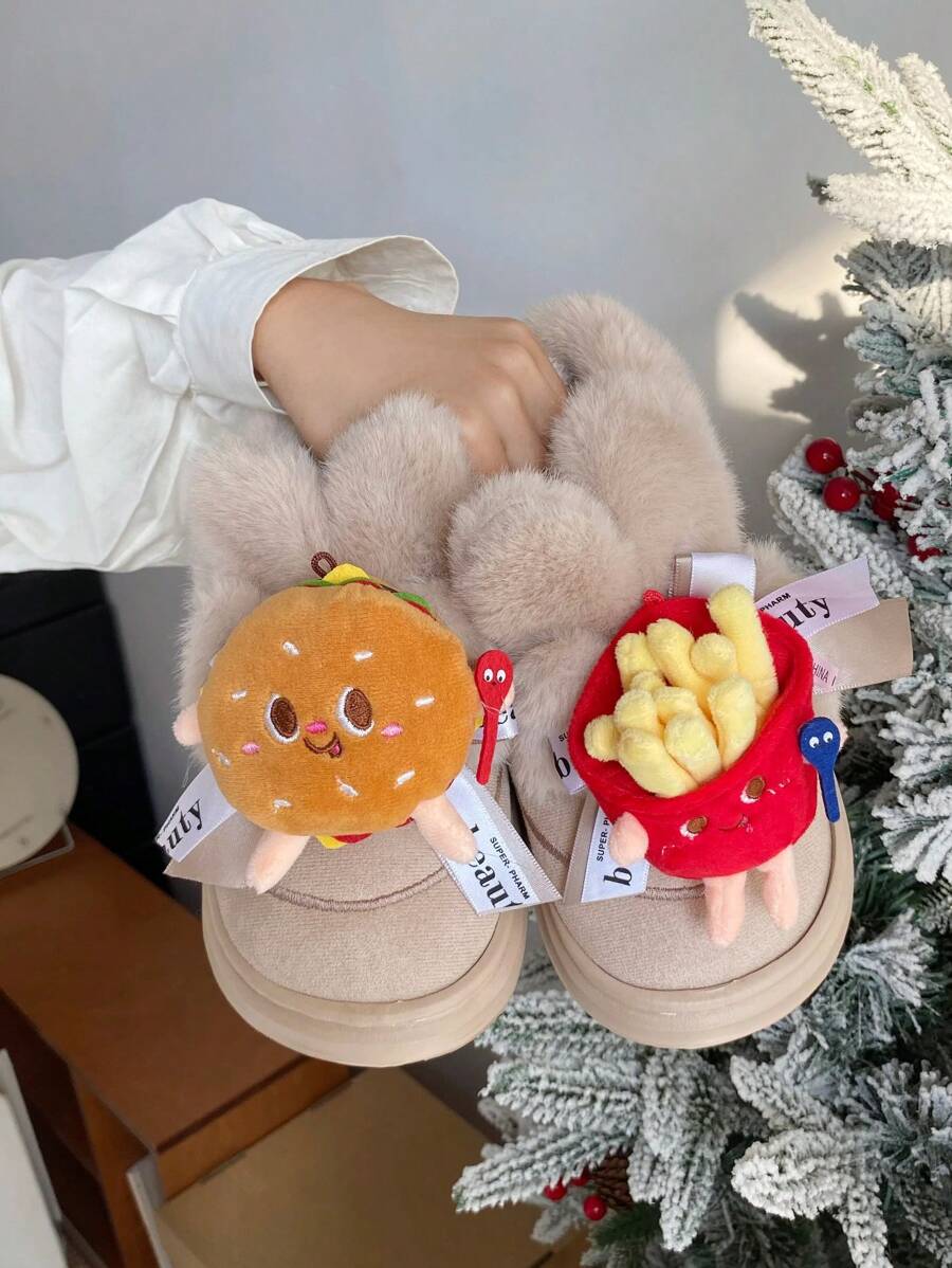 新款女士毛绒拖鞋，保暖室内/户外穿着毛绒鞋，封闭式鞋头卡通兔子厚底软底拖鞋，适合秋冬季 - 杏色 - 查看 1