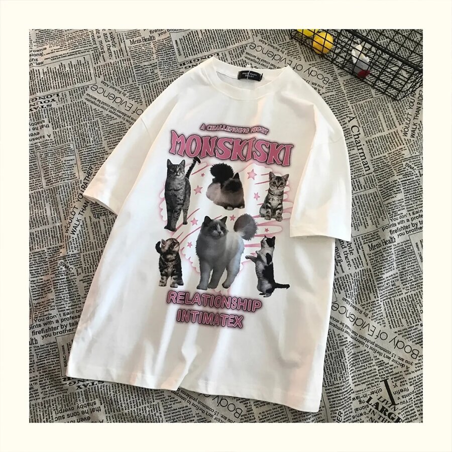Women's Basic Cotton T-Shirt Cute Cat Photo - trắng - Xem 1