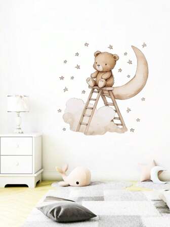 1pc Bear Climbing Stairs Moon Wall Sticker For Children's Room And Nursery Decoration Baby Shower Family Decorations Gifts