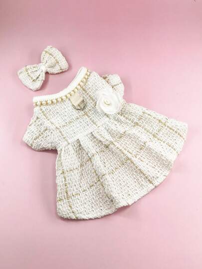 1 Set Faux Pearl Collar Thickened White Solid Color Christmas Gift Santa Claus Thermal Lined Warm Dress, Peter Pan Collar Lace Autumn/Winter Pet Dress