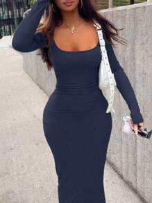 Elegantes Langarm Bodycon Kleid - Gerippter Strick, tiefer Ausschnitt, figurbetontes Silhouette für einen mühelos eleganten Look. Tipp: Für einen engeren Sitz eine Nummer kleiner bestellen.