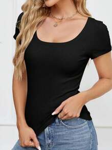 OUTBALL Women's Summer Scoop Neck Short Sleeve Ribbed Knit Slim Fitted Casual Basic TopT-Shirts - 黑色 - 查看 5