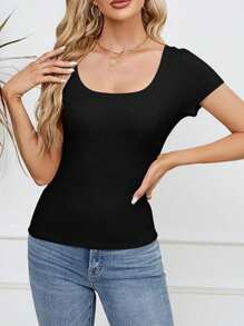 OUTBALL Women's Summer Scoop Neck Short Sleeve Ribbed Knit Slim Fitted Casual Basic TopT-Shirts - 黑色 - 查看 4