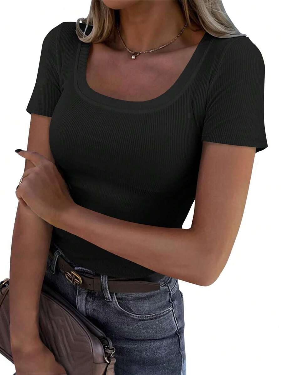 OUTBALL Women's Summer Scoop Neck Short Sleeve Ribbed Knit Slim Fitted Casual Basic TopT-Shirts - 黑色 - 查看 1