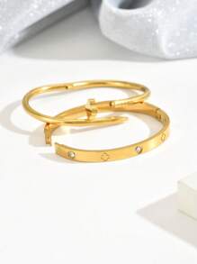 1 Stück/2 Stück Set mit goldenem Armband, mit einem modischen und luxuriösen diamantbesetzten Armband und einem stilsicheren und eleganten Nagelarmreifen aus Titanstahl, spiegelpoliert, vakuumbeschichtet, nicht leicht verblassend, modischer Klassiker-Stil, geeignet für den täglichen Gebrauch