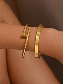 1 Stück/2 Stück Set mit goldenem Armband, mit einem modischen und luxuriösen diamantbesetzten Armband und einem stilsicheren und eleganten Nagelarmreifen aus Titanstahl, spiegelpoliert, vakuumbeschichtet, nicht leicht verblassend, modischer Klassiker-Stil, geeignet für den täglichen Gebrauch