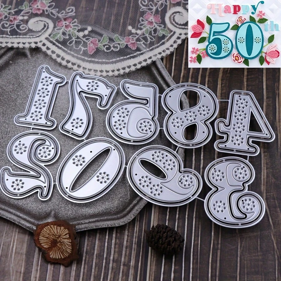 Thêu số 0-9 Khuôn cắt kim loại cho sổ lưu niệm DIY Trang trí dập nổi Thủ công mỹ nghệ Khuôn cắt, Khuôn cắt hình DIY - Bạc - Xem 1