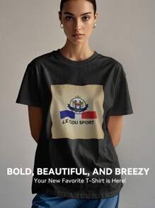 Women's Print Short Sleeve T-Shirt, Black & White Shirt, 180gsm Shirt, Crew Neck Short Sleeve T-Shirt, Breathable & Comfortable Casual Sports Fitness Tee, Casual Vintage Style, Suitable For Summer, Beach Holiday Crew Neck Short Sleeve Casual T-Shirt, Summer Tee