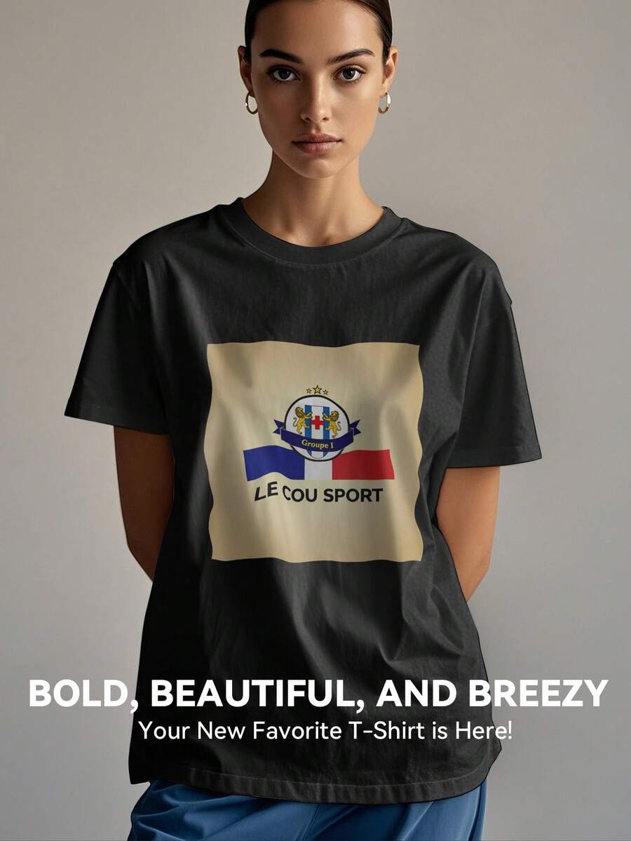 Women's Print Short Sleeve T-Shirt, Black & White Shirt, 180gsm Shirt, Crew Neck Short Sleeve T-Shirt, Breathable & Comfortable Casual Sports Fitness Tee, Casual Vintage Style, Suitable For Summer, Beach Holiday Crew Neck Short Sleeve Casual T-Shirt, Summer Tee