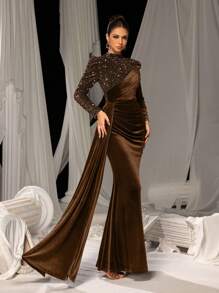 Faeriesty 女士优雅丝绒美人鱼尾长裙，饰以闪亮亮片刺绣 | 适合盛大晚宴、婚礼、戛纳派对及夏季度假的奢华晚礼服