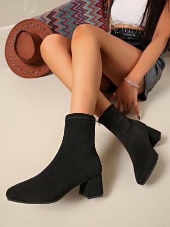 Damskie botki na wysokim obcasie z kwadratowym noskiem, zamek błyskawiczny z tyłu, nowe 2024 europejskie i amerykańskie czarne botki z wysoką cholewką, gruby obcas, damskie buty trekkingowe na zewnątrz, odpowiednie na imprezę, bankiet i wieczorne wyjścia