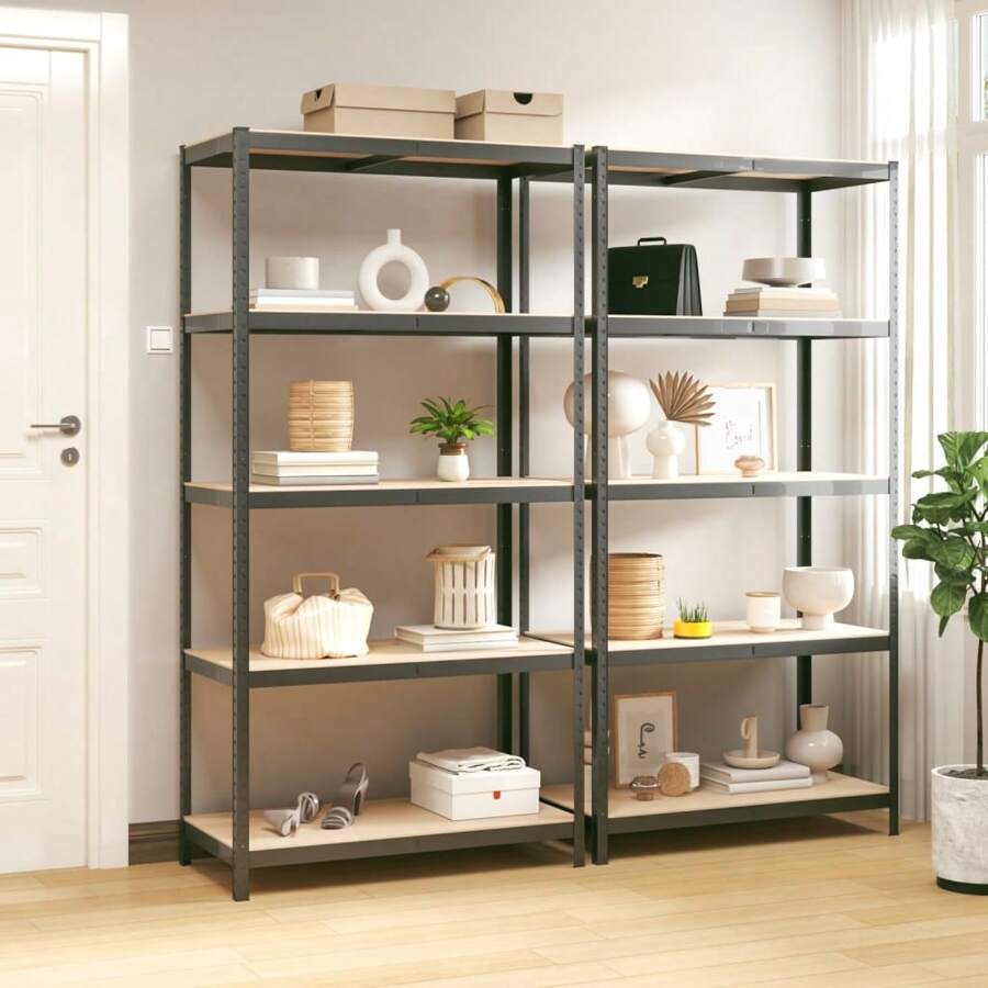 5 Tier Industrial Style Shelving Unit Set Of 2 Anthracite Steel And Engineered Wood Storage Solution For Home Office And Living Room - Black - View 1